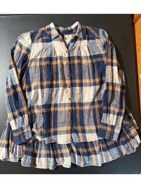 Free People Women's Plaid Button-Front Blouse with Ruffle Hem, Size Small